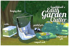 an image of a hammock and other items in the grass with words describing it