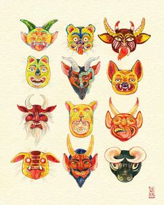 an image of different masks painted on paper