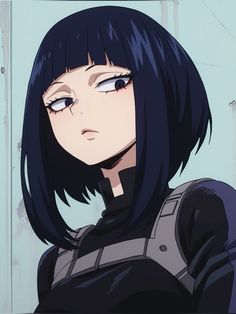 an anime character with black hair and blue eyes