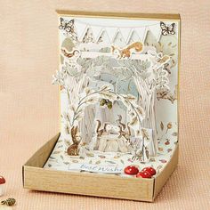 a card in a box with an image of animals and trees on the inside, surrounded by other cards