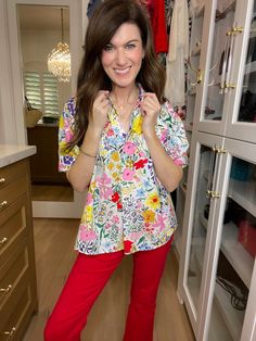 Bring a pop of color and a little whimsy to your closet with the Best and Brightest Floral Top. This easy-fit top showcases a playful floral print, collared neckline, and puffed sleeves. Pair it with your colored denim (or traditional blue denim) for a fun and versatile look. Perfect for teachers and office gals, this every day top is sure to help you stand out from the crowd. Top measures 24" in length. Bust measures 22" from underarm seam to seam. Measurements taken on a small. Fabric has no s Deodorant Stains, Scarf Hat, Scarf Jewelry, Puffed Sleeves, Colored Denim, Floral Top, Hat Hairstyles, Sales Gifts, Workout Tops