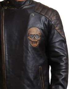 Vintage Skull Black Leather Jacket Add bold flair to your outfit with the AlexGear Skull biker jacket. Featuring a distressed look, this motorcycle jacket exudes edgy elegance and rugged sophistication. Style it with jeans for a casual yet polished look, making it perfect to be worn at clubs, late-night biking adventures, attending concerts, date nights, friends’ hangouts, and much more. Crafted with the utmost attention to detail and featuring exceptional craftsmanship, this jacket is construct Collarless Leather Jacket, Red Jacket Leather, Skull Motorcycle, Celebrity Inspired Outfits, Motorcycle Leather Jacket, Edgy Elegance, Biker Leather Jacket, Blue Leather Jacket, Motorcycle Jacket Mens