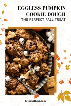 an eggless pumpkin cookie dough with marshmallows in the middle and text overlay