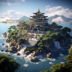 an artist's rendering of a chinese temple on top of a mountain in the ocean