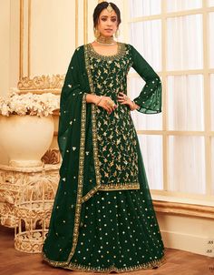 Green Lehenga style Suit Faux Georgette Mehendi Dress, Green Sharara, Designer Palazzo, Sangeet Outfit, Lehenga Suit, Green Lehenga, Indian Salwar Kameez, Palazzo Suit, Designer Salwar Kameez