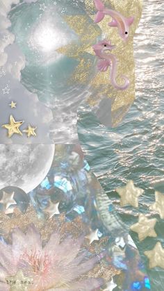 an image of the moon and stars floating in the air over water with clouds, flowers and bubbles