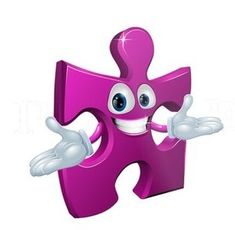 a pink puzzle piece with eyes and hands