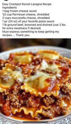 the recipe for lasagna casserole is shown on a plate with other items