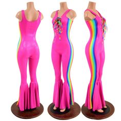 "This groovy suit is created from our four way stretch, neon pink, holographic fabric, with vertical retro rainbow stripes down both sides. Bell bottom flares, and a scoop tank neckline. It also has a plunging laceup at the neckline, with rainbow striped laces. Choose your own inseam length and we will create it for you! Want a different base color fabric? Please ask! This suit is made to order and ships out within five days of purchase. Womens Sizing (See below for instructions on where measure Pink Summer Jumpsuits And Rompers With High Stretch, Pink High Stretch Jumpsuits And Rompers For Summer, Pink High-stretch Jumpsuits And Rompers For Summer, Pink Stretch Jumpsuit For Club, Pink Fitted Jumpsuits And Rompers For Club, Pink Fitted Jumpsuit For Clubbing, Fitted Pink Jumpsuits And Rompers For Club, Fitted Pink Jumpsuit For Club, Pink Fitted Jumpsuit For Party