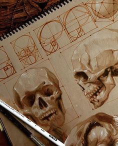 a drawing book with some drawings of skulls on it and pencils next to it