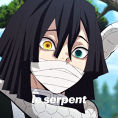 an anime character wearing a mask with the words be serpentt on it's face