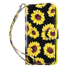 a yellow and black phone case with sunflowers on the front, attached to a lanyard