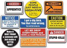 various warning signs are displayed on a white background