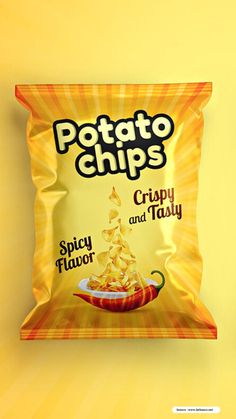 potato chips on yellow background with sunburst and rays behind it, packaging design