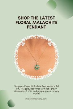 Shop the latest Floral Malachite Pendant, a stunning piece made from solid 14K/18K gold and accented with sparkling lab-grown diamonds. This beautiful pendant showcases the unique swirls of malachite, adding a touch of elegance to any outfit. Perfect for making a statement or as a thoughtful gift! Ruby Bands, Malachite Pendant, Gold Promise Rings, Classic Wedding Rings, Gold Statement Ring, Moonstone Engagement Ring, Tourmaline Jewelry, Floral Pendant