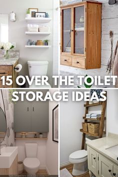 there are pictures of bathroom furniture and accessories in this collage with the words 15 over the toilet storage ideas