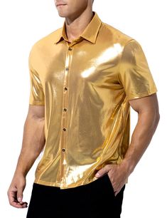 PRICES MAY VARY. Features: Disco shirt has excellent wrinkle resistance and elasticity, making you more comfortable while dancing. There are shimmering colors as you move, which will be the center of attention. You will be a showstopper while showing off your moves on the dance floor. Comfortable and Breathable: Made with high-quality fabrics, this short sleeve shirt provides excellent comfort, allowing you to move freely and dance all night. The breathable material ensures that you stay cool ev Disco Look, Metallic Shirt, Sequin Costume, Vintage Disco, Dance All Night, Paint Fabric, Disco Shirt, Nightclub Party, 70s Disco