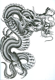 a black and white drawing of a dragon with two smaller snakes on it's back