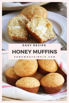 some muffins are on a plate with the words easy recipe honey muffins