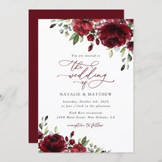 wedding card with burgundy flowers and greenery