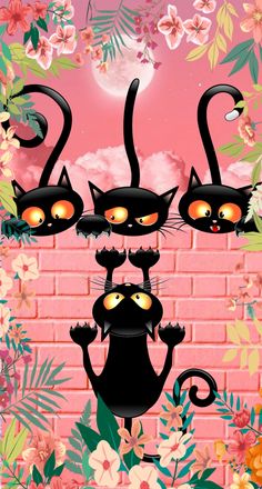 three black cats standing in front of a pink brick wall with flowers and leaves on it