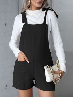 Women's Solid Romper Summer Casual Jumpsuits Black Bib Front Jumpsuit For Summer, Black Bib Front Jumpsuits And Rompers For Summer, Black Summer Jumpsuits And Rompers With Bib Front, Black Summer Jumpsuit With Bib Front, Trendy Black Shortalls For Summer, Black Bib Front Jumpsuit For Spring, Summer Jumpsuit Casual, Romper Summer, Women Jumpsuit