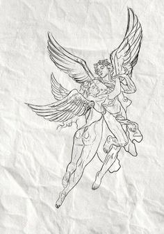 a drawing of an angel with wings on paper