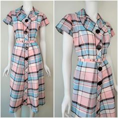 Lovely 1950s DEADSTOCK plaid cotton dress by Kay Whitney.  Closes with big brown buttons center front and a snap at the waistband.  It has shoulder pleats and two pleats on the back bodice.  Fabric is cotton.  This does not have the original tags, but it's definitely new without tags.  The cotton has a stiffness, the belt is in excellent new condition, and there is absolutely no wear on the seam allowances inside.   Condition - Excellent unworn condition.   Measurements - For reference the dress form measures 33.5B 24.5W 35H.  The dress is a little too big on these measurements, and is pinned behind at the waist and bust to show better fit. Bust: 37/38", measures 20 inches pit to pit Waist: 26/27", measures 13 1/2 inches across taut  Hips: 37", measured about 8 inches below waist  Shoulder Vintage Closet, 1940s Dresses, 1960s Fashion, Hoco Dresses, 1950s Fashion, Dress Clothes For Women, Cotton Dress, Vintage 1950s