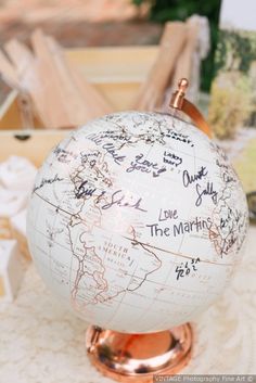 a globe with writing on it sitting on a table