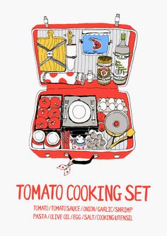 an open red suitcase filled with food on top of a white background and the words tomato cooking set