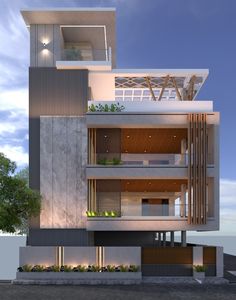 an artist's rendering of a modern building with plants growing on the balconies