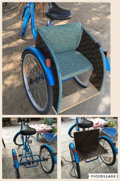 three different views of a blue bike with an enclosed seat