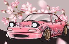 a pink car with flowers painted on it