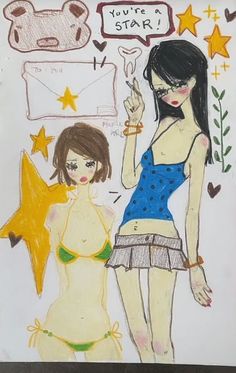 a drawing of two women in swimsuits with stars on the wall behind them