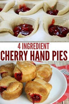 cherry hand pies on a white plate with the words 4 ingredient cherry hand pies