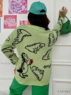 Lasaky - Womens Crew Neck Long Sleeve Knit Sweater with Casual Cartoon Dinosaur Pattern, Loose Fit - Ideal for Fashionable Fall and Winter Attire. Winter Attire, Dinosaur Pattern, Cartoon Dinosaur, Long Sleeve Knit Sweaters, Fall And Winter, Long Sleeve Knit, Knit Sweater, Knitted Fabric, Knitted Sweaters