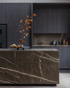 a marble counter top in a kitchen with wooden cabinets and black cupboards behind it