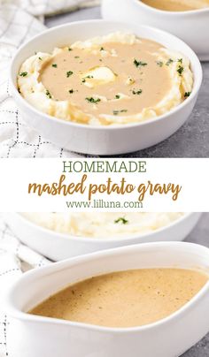 homemade mashed potato gravy in white bowls