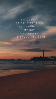 a person walking on the beach at sunset with a lighthouse in the background and an inspirational quote above it