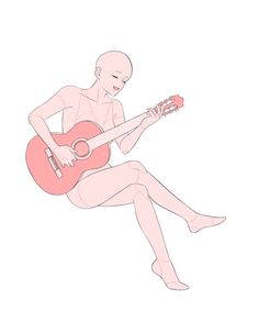 a person sitting on the ground with a guitar in their hand and one leg up