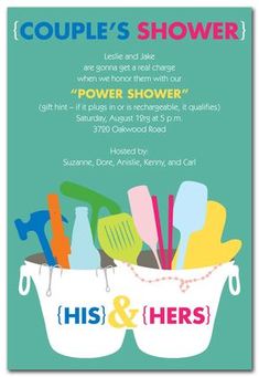 a couple's shower party flyer with utensils in a bucket on it