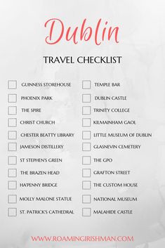 the dublin travel checklist is shown in red and white