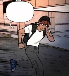 the man is walking down the street talking on his cell phone with a speech bubble above his head