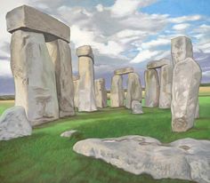 a painting of stonehenge in the middle of a field with grass and rocks