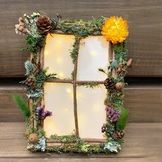 an old window is decorated with plants and pineconis for the holiday season, as well as lights