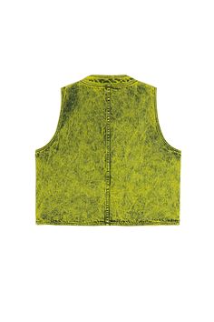 PHOTO VEST WITH MINERAL WASH – S.R. STUDIO. LA. CA. R Studio, Sterling Ruby, Acid Wash Denim, Button Top, Acid Wash, Neon Yellow, Denim Wash, Flap Pocket, Sleeveless Top