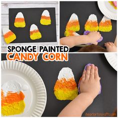 a collage of pictures showing how to decorate candy corn for halloween with sponge painted candy corn