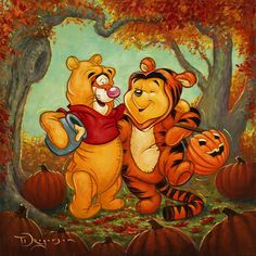 a painting of winnie the pooh and tigger holding pumpkins