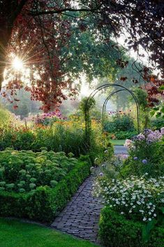 the sun shines through the trees and flowers in this garden with a path leading to an archway