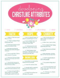 a poster with the words denomiing christ like attributes and flowers in pink, green,